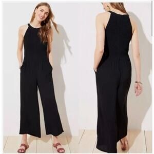 NWT New‎ Loft Wide Leg Smocked Top Jumpsuit High Neck Black Size 2